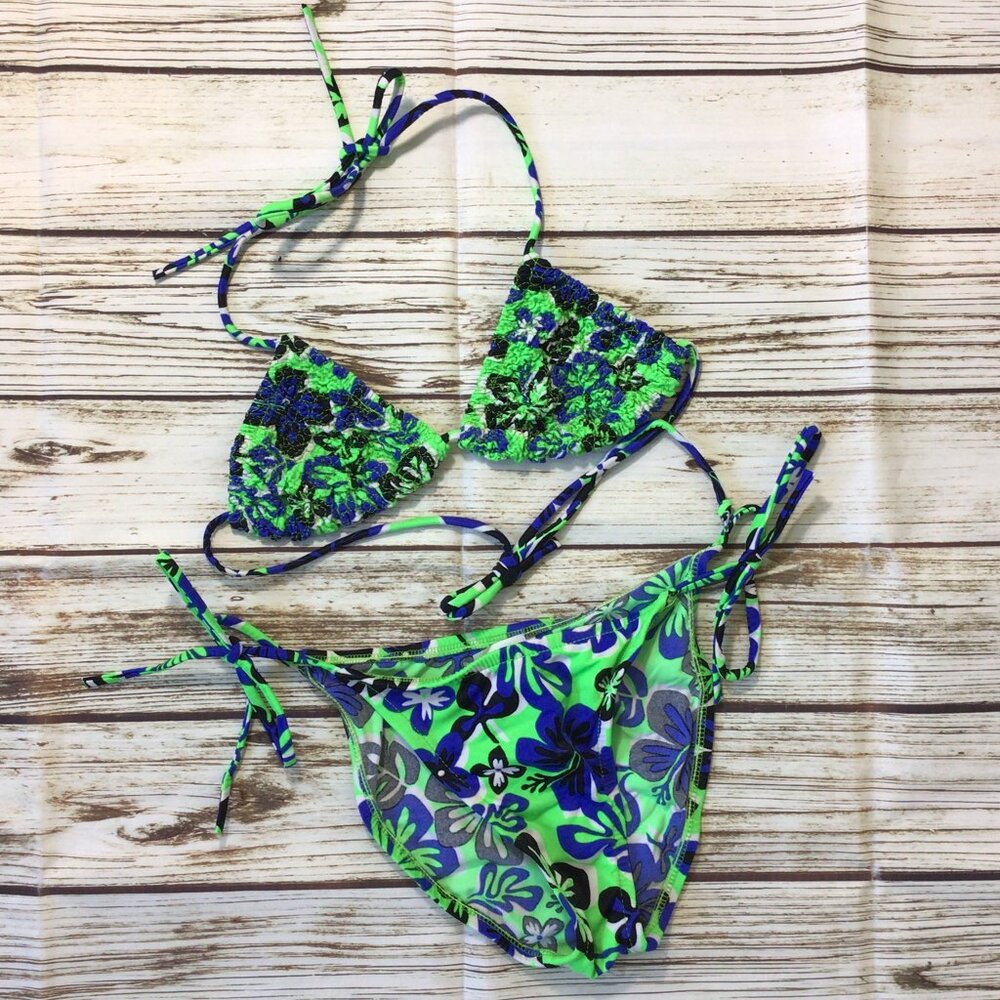Green and Blue Floral Print Sexy Little String Bikini 2 Piece Swim Suit